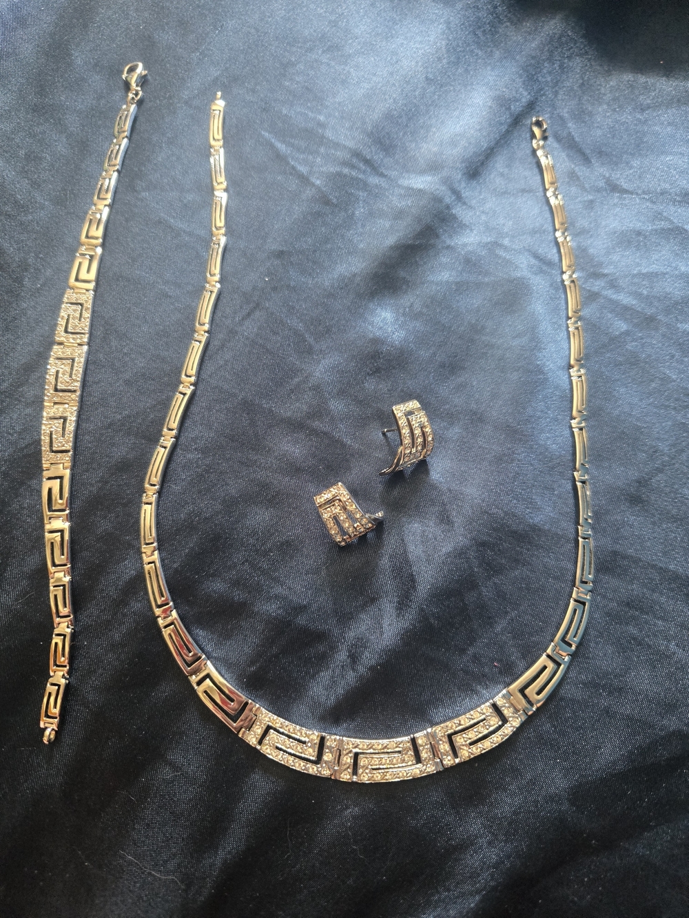 Silver Tone Greek Key Necklace, Bracelet & Earring Set